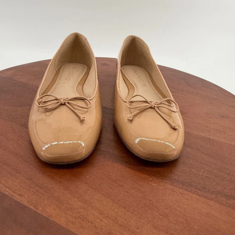 Jack Rogers Womens 9M Nude Patent Leather Square Toe Ballet Flats Bow Accent